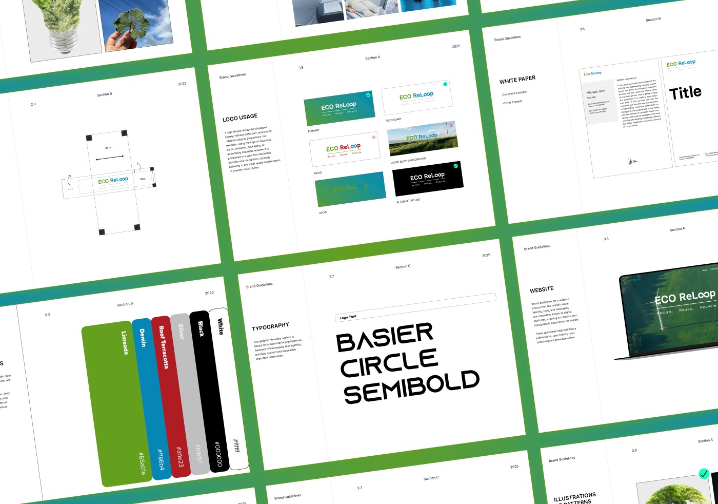 Eco ReLoop brand guidelines spreads showing logo construction, colour palette and the Basier Circle Semibold typeface