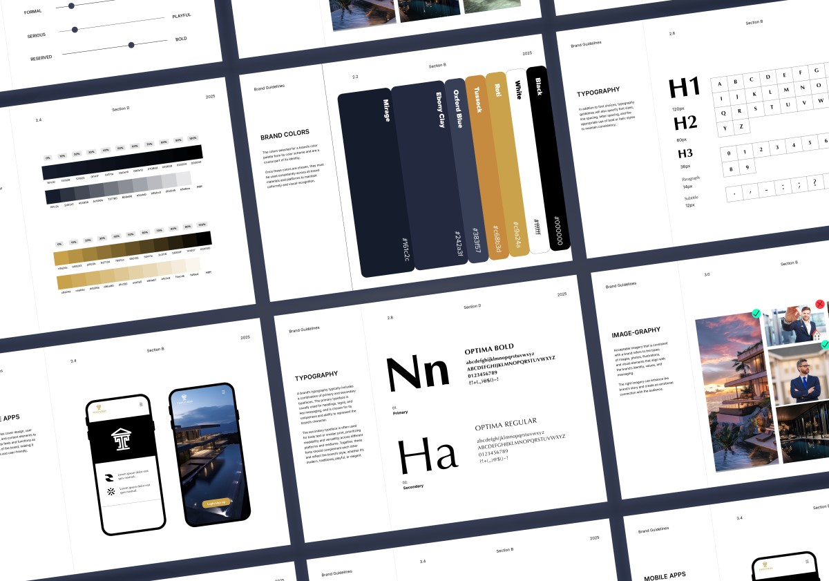 Thisavros brand guidelines spreads showing colour palette, typography and mobile app screens