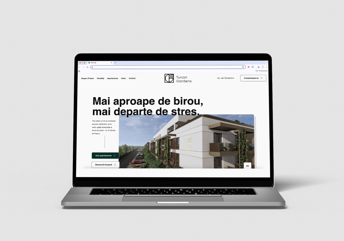 Tunari Gardens website shown on a laptop, headed Mai aproape de birou, mai departe de stres