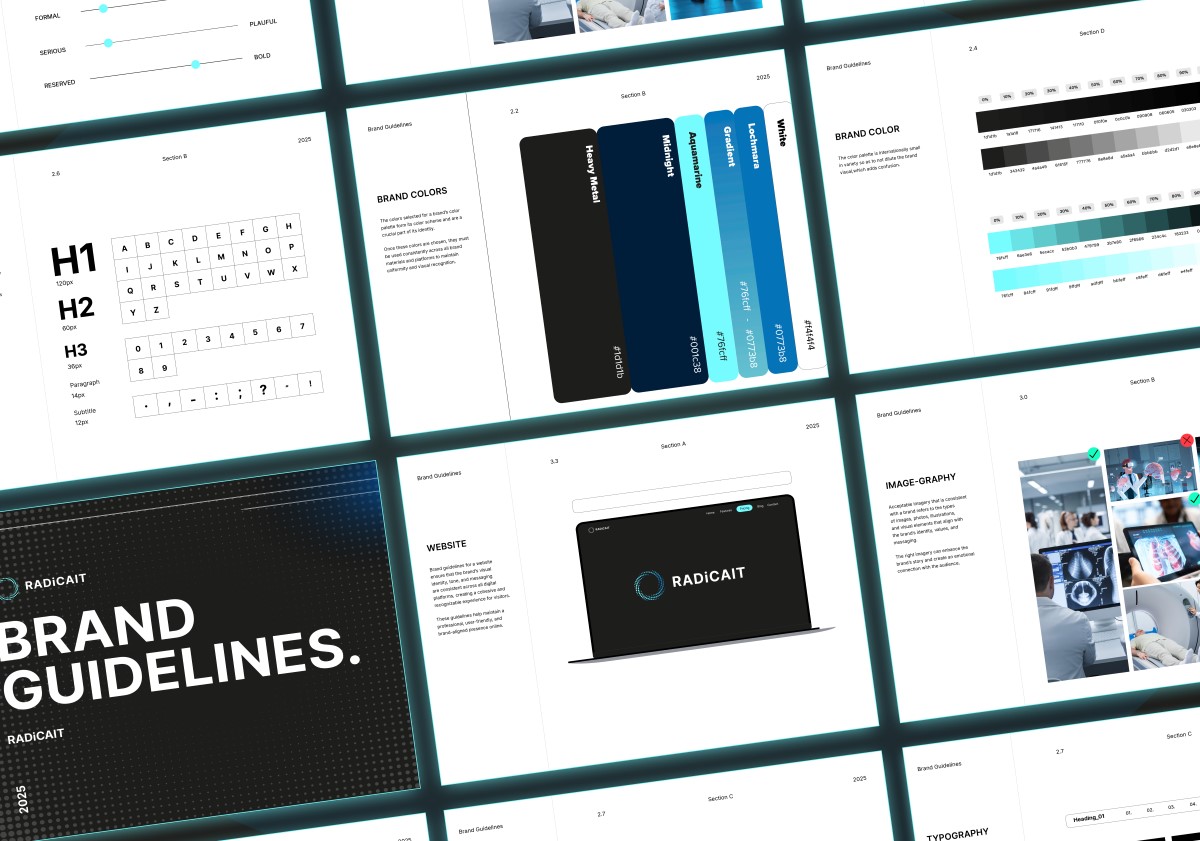 Radicait brand guidelines spreads showing the logo, colour palette and typography