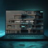 Core Concepts Axon Lux website design on a laptop, headed Light Isn't Just Seen, It's Felt, over a modern building at night