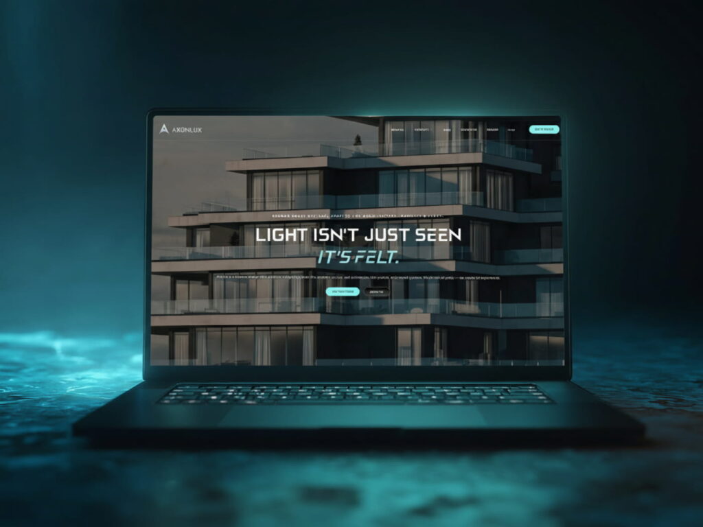 Core Concepts Axon Lux website design on a laptop, headed Light Isn't Just Seen, It's Felt, over a modern building at night