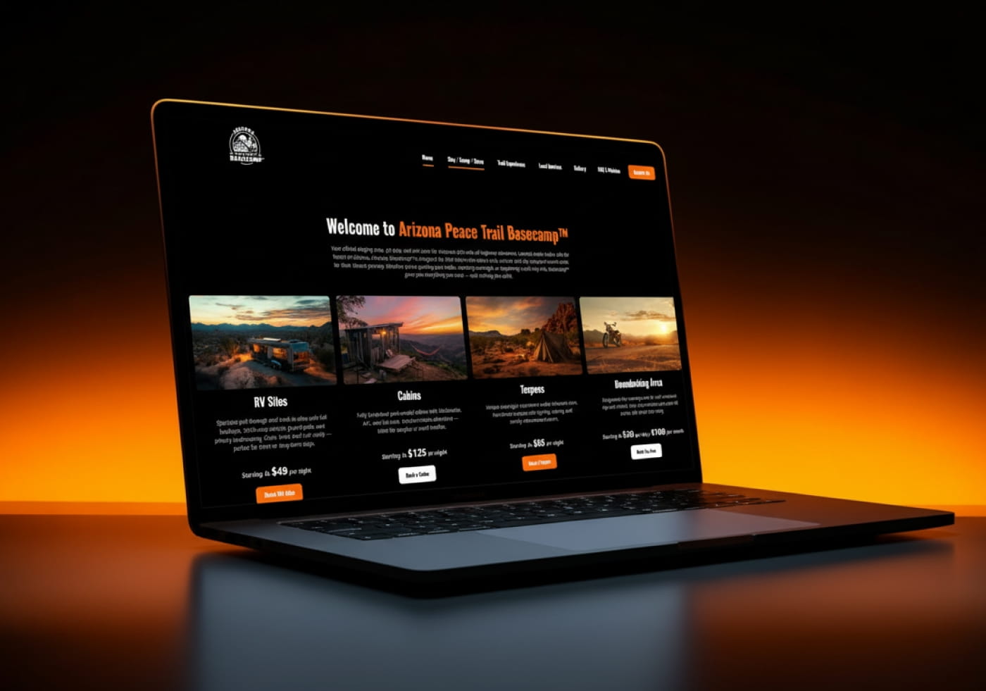 Arizona Peace Trail welcome page on a laptop, listing trail miles, cabins and rider resources