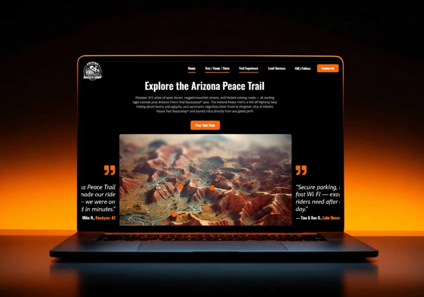 Arizona Peace Trail Explore page on a laptop, showing rider testimonials and desert photography