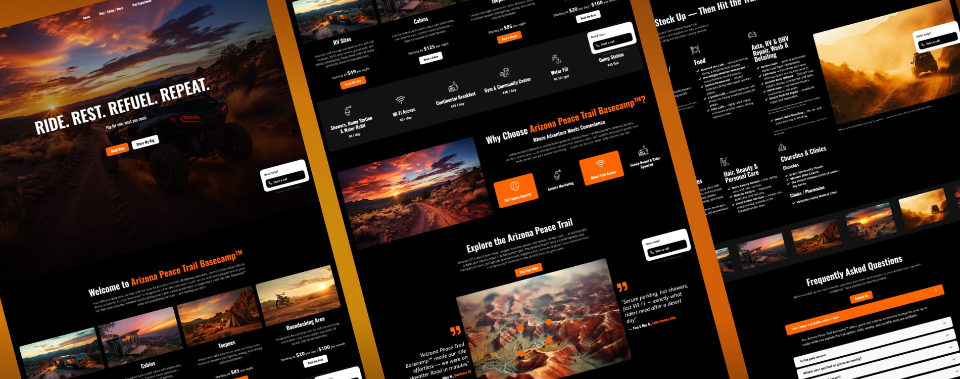 Arizona Peace Trail website sections shown side by side, covering the trail, resources and sponsors