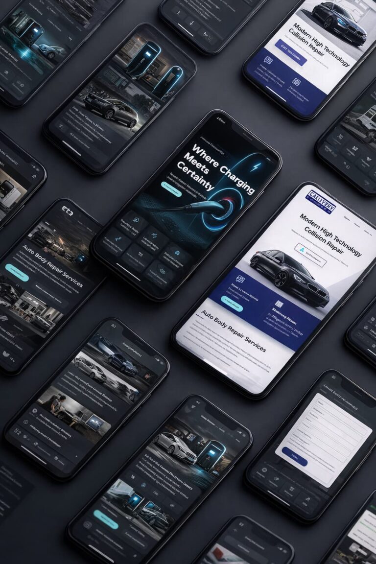 Grid of dark mobile app screens for an electric vehicle charging service