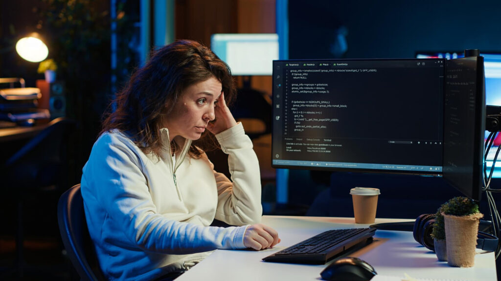 Woman looking wearily at a screen of code late at night in an office