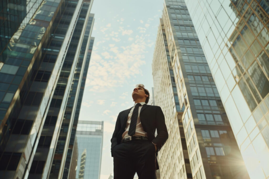 Businessman standing between two tall office towers, looking upwards