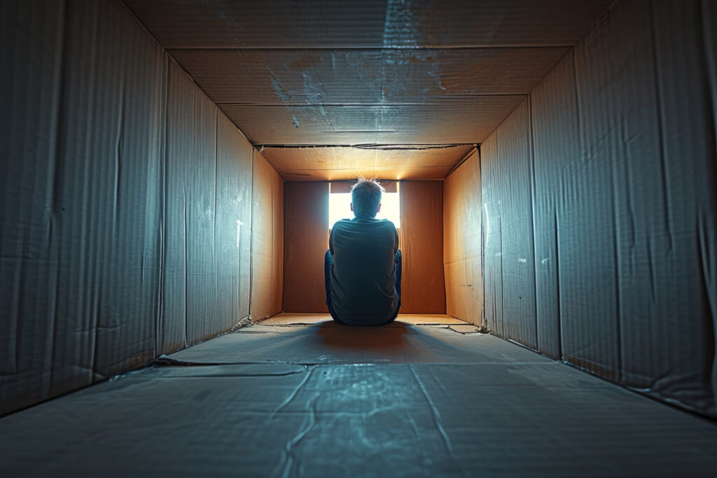 Person sitting alone at the end of a long, empty corridor lit from the far end