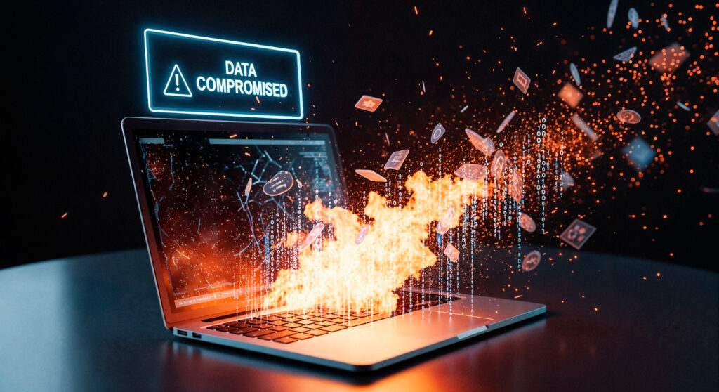 Laptop screen showing a Data Compromised warning as the display shatters into flying fragments and sparks