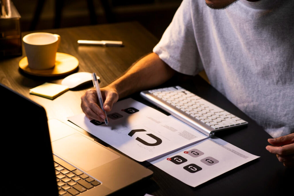 Person sketching logo concepts on paper at a desk beside a keyboard and coffee cup