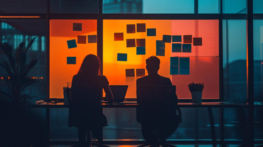 Two people standing before a large window covered in sticky notes at dusk