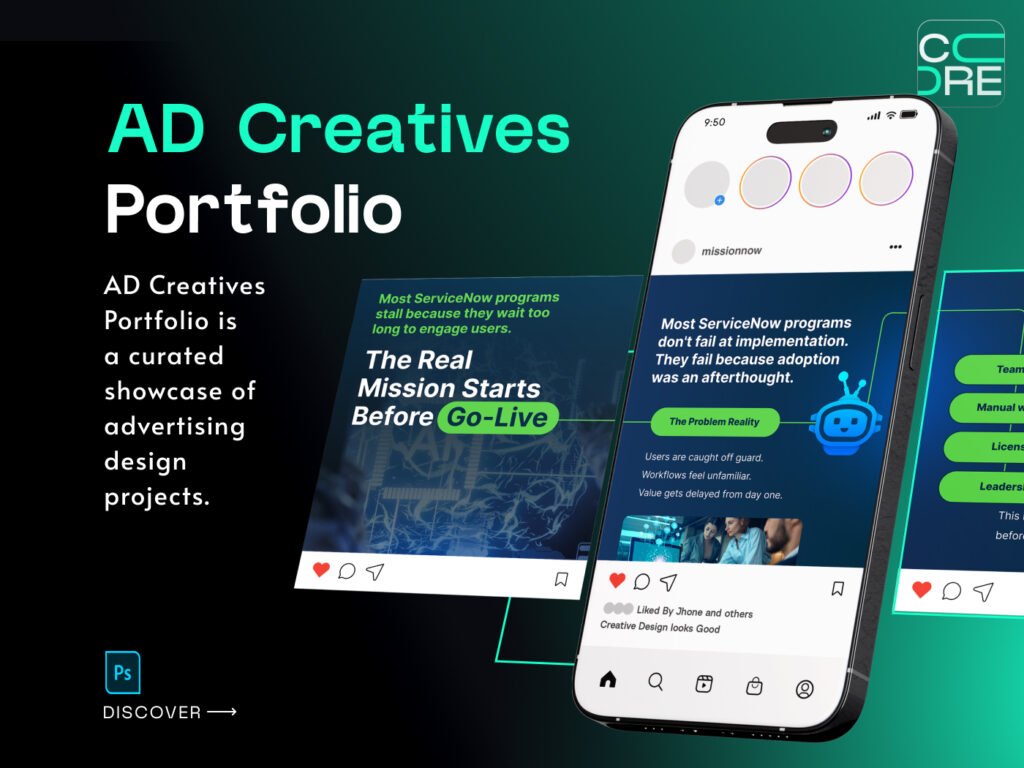 Core Concepts Ad Creatives Portfolio cover showing social media ad designs on a phone, described as a curated showcase of advertising design projects