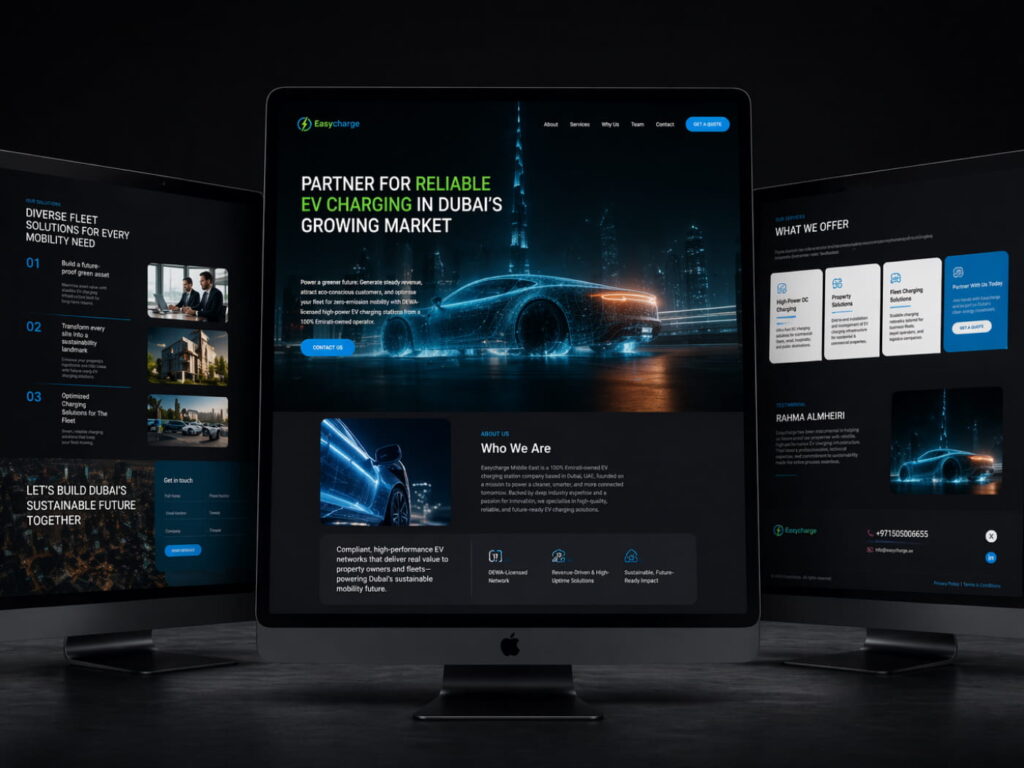 Core Concepts EV charging website design on a desktop monitor, headed Partner for Reliable EV Charging in Dubai's Growing Market