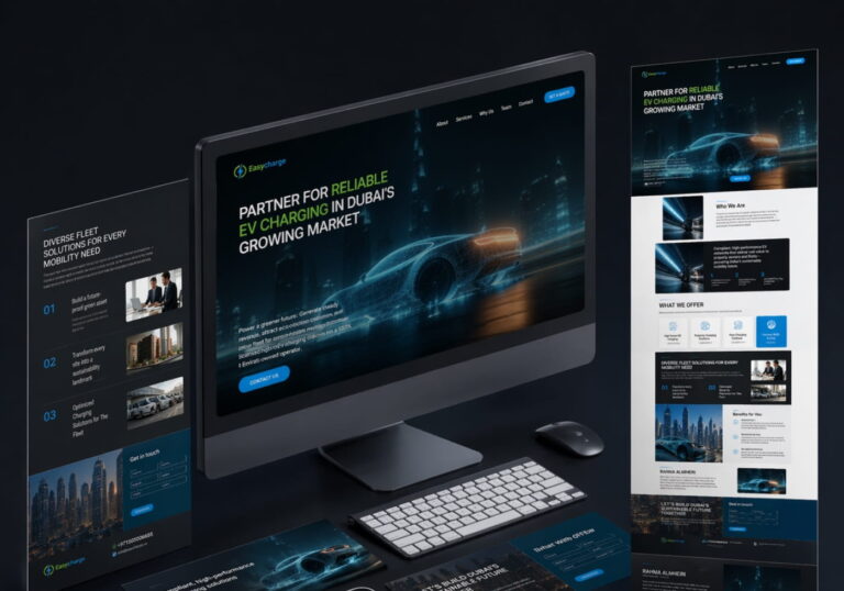 EV charging website shown across a monitor and mobile screens, headed Partner for Reliable EV Charging in Dubai's Growing Market