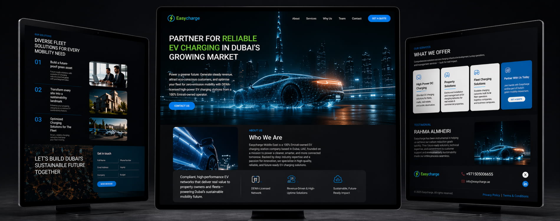 EV charging website shown across desktop and tablet screens on a dark background