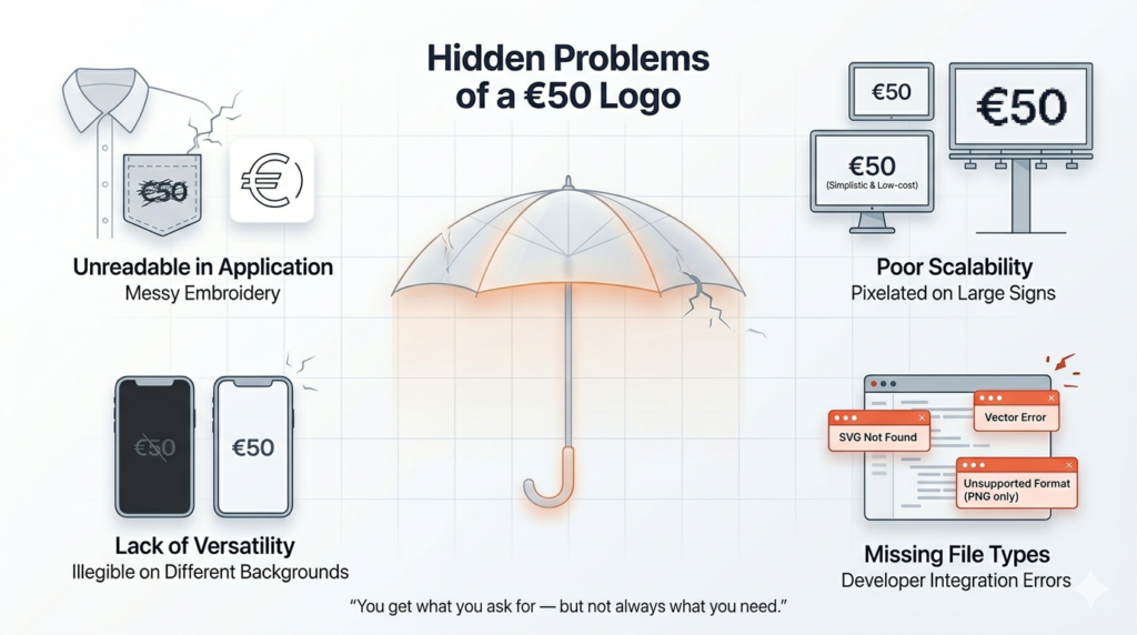 Diagram titled Hidden Problems of a 50 Euro Logo, illustrating unreadable application, poor scalability, lack of versatility and missing file types