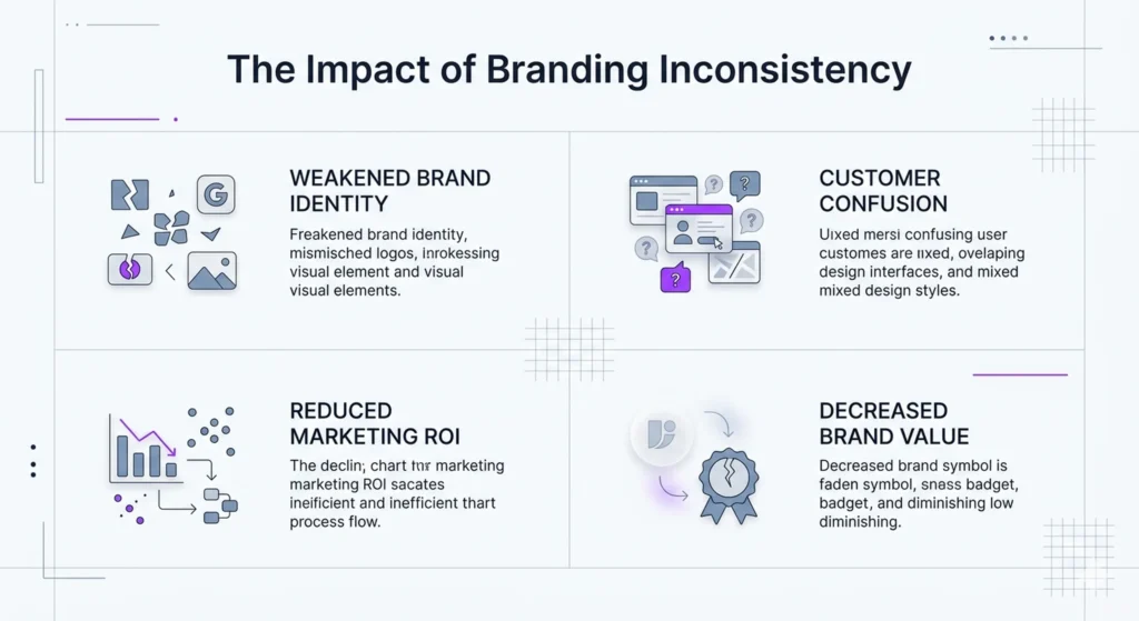 Diagram titled The Impact of Branding Inconsistency, covering weakened brand identity, customer confusion, reduced marketing ROI and decreased brand value