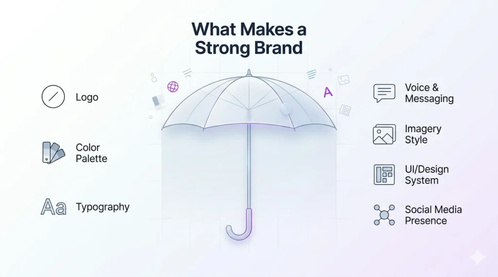 Diagram titled What Makes a Strong Brand, listing logo, colour palette, typography, voice and messaging, imagery style, UI design system and social media presence around an umbrella