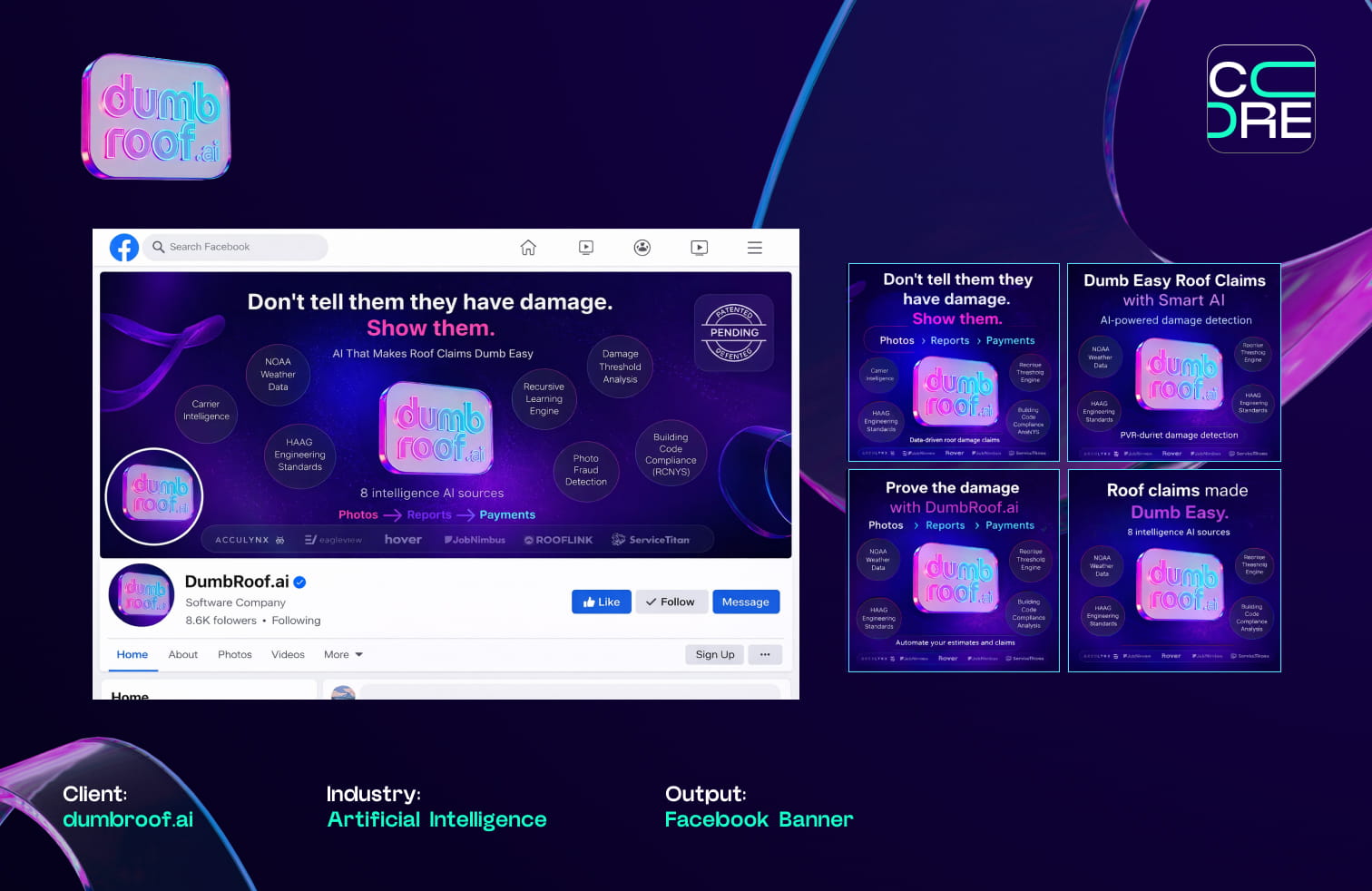 Facebook banner ad creatives for DumbRoof, headed Don't tell them they have damage, show them