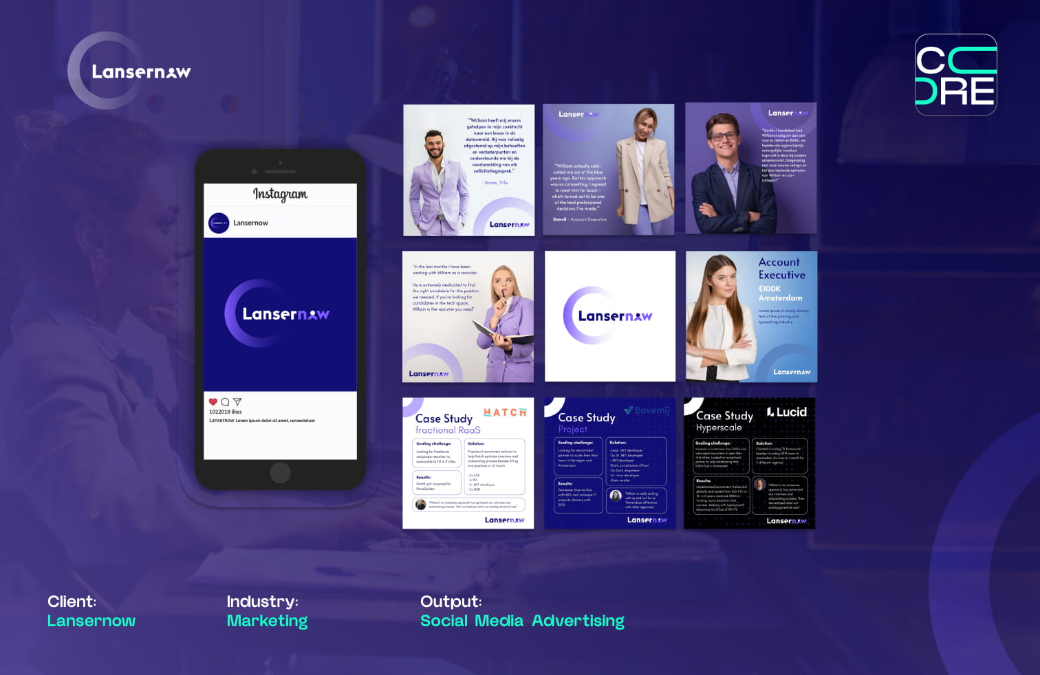 Social media advertising creatives for Lansernow, shown as Instagram posts and case study cards on a purple background