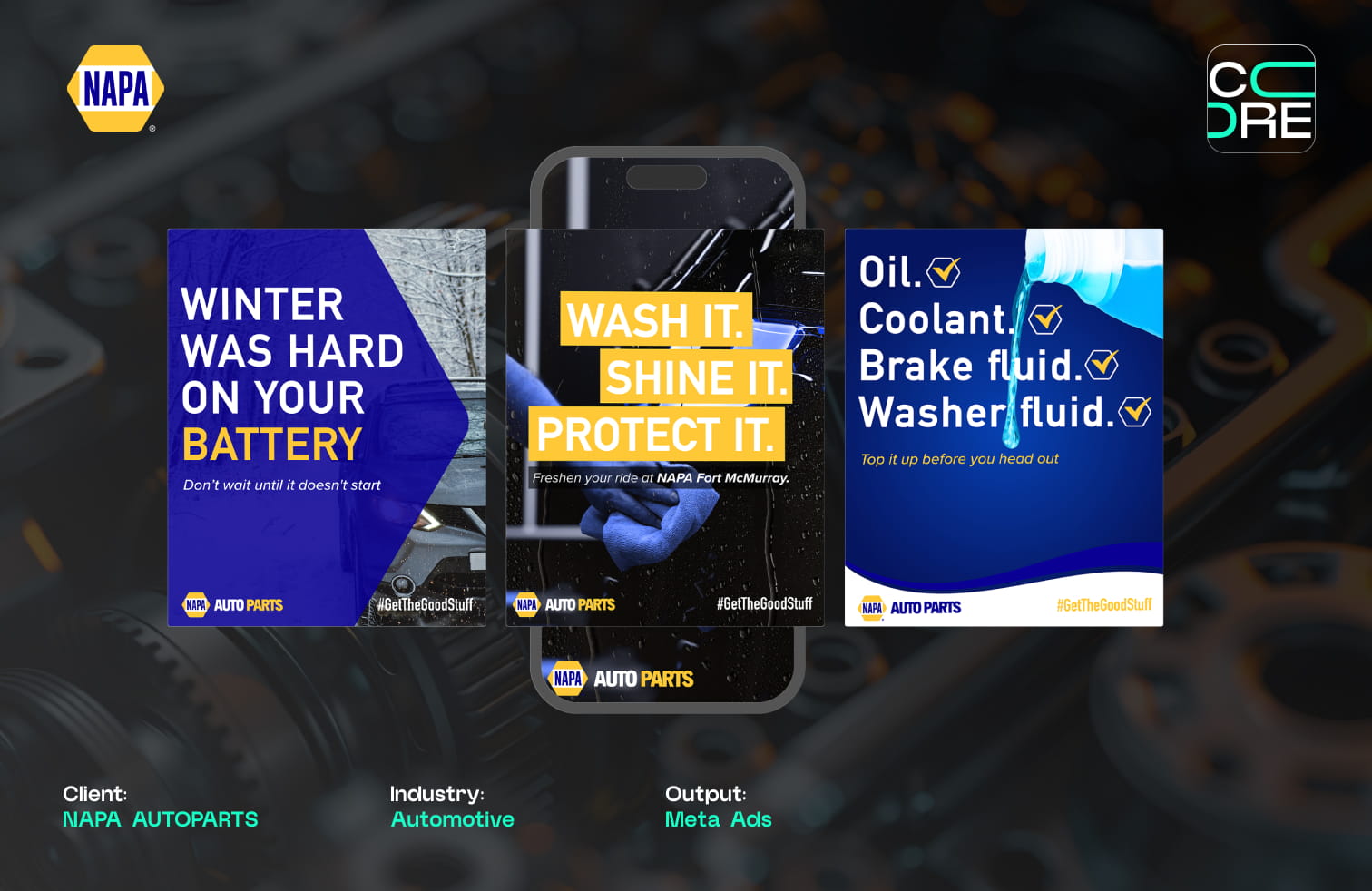 Meta ad creatives for NAPA Auto Parts, headed Winter Was Hard On Your Battery and Wash It, Shine It, Protect It