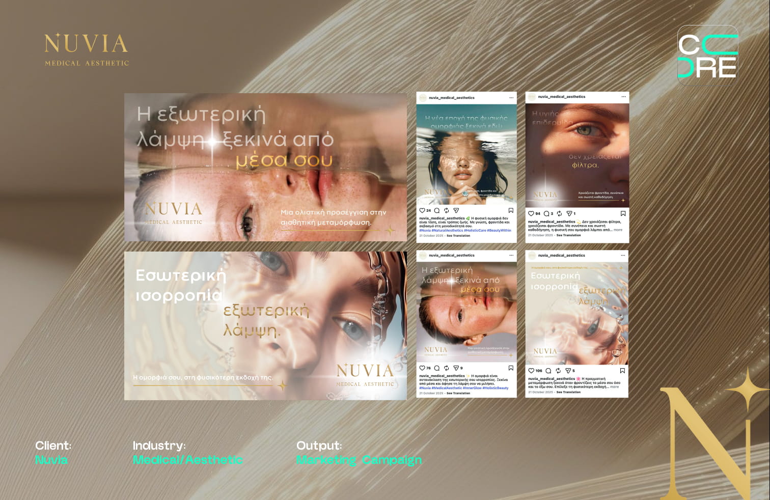 Social media creatives for Nuvia medical aesthetics, showing close-up beauty photography in a gold palette
