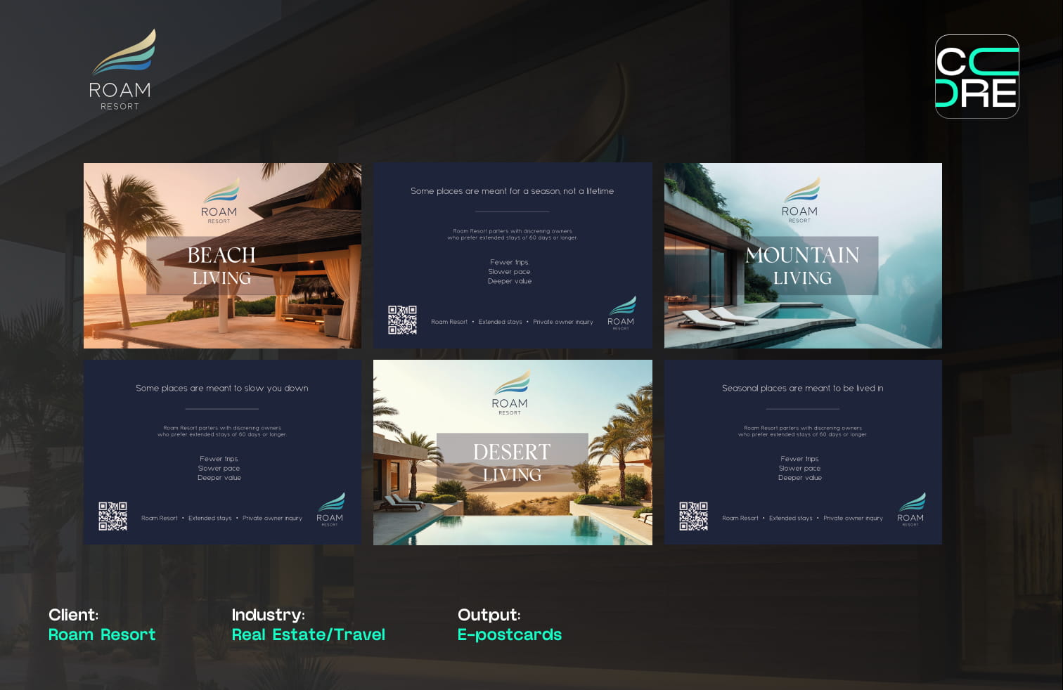 E-postcard designs for Roam Resort showing beach, mountain and desert living scenes