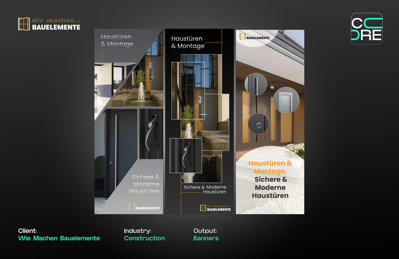 Banner designs for Wir Machen Bauelemente, showing modern doors and window installations