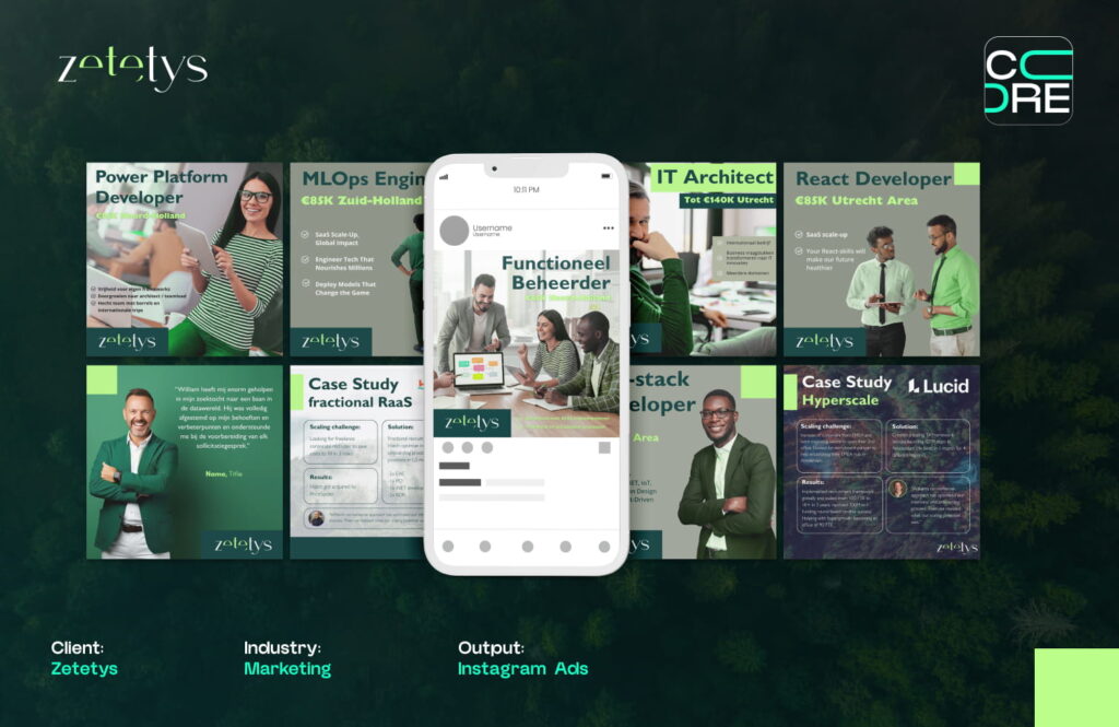 Instagram ad creatives for Zetetys, showing recruitment posts for developer and architect roles