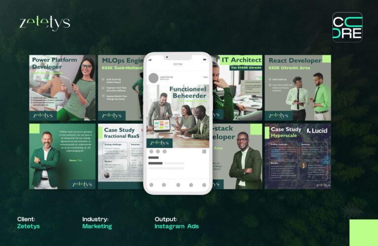 Instagram ad creatives for Zetetys, showing recruitment posts for developer and architect roles
