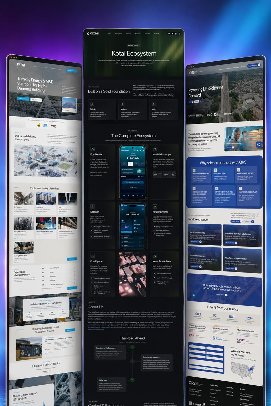 Kota Ecosystem website shown across several tall mobile screens