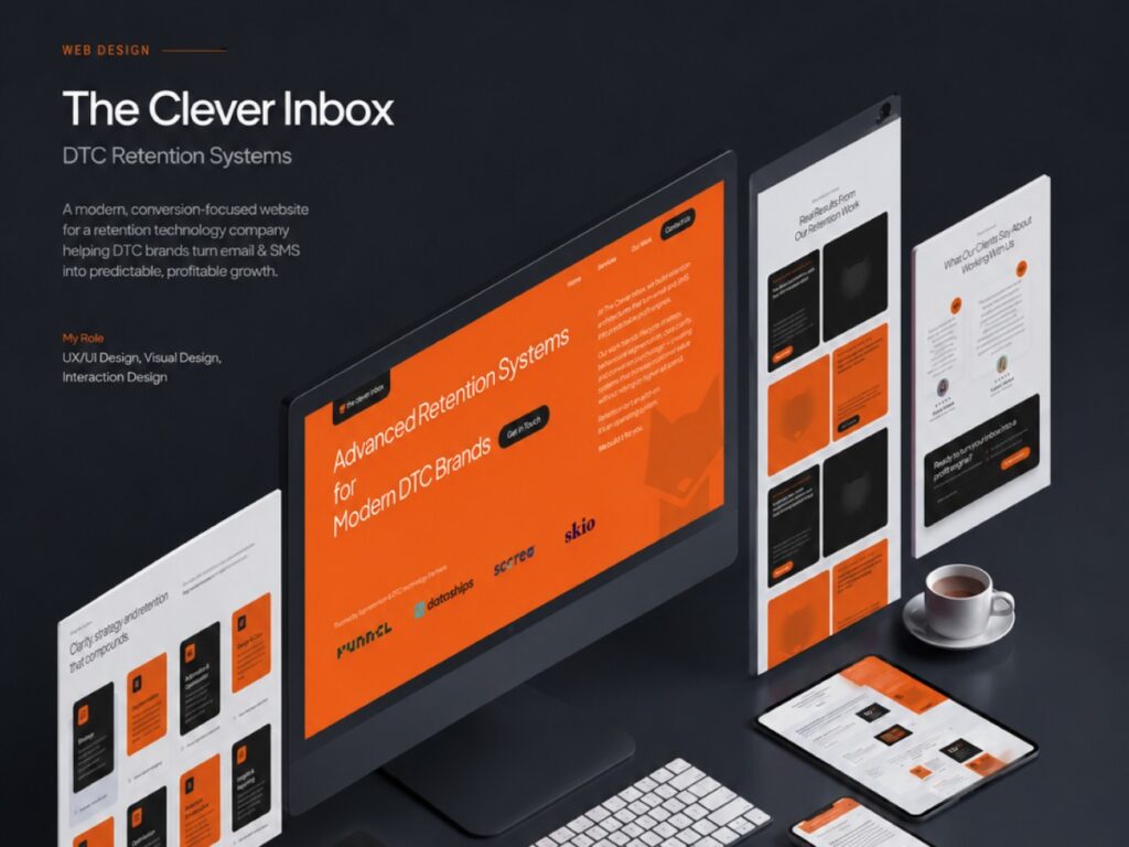 Core Concepts The Clever Inbox website for a retention technology company, shown across desktop, tablet and mobile in orange and dark grey
