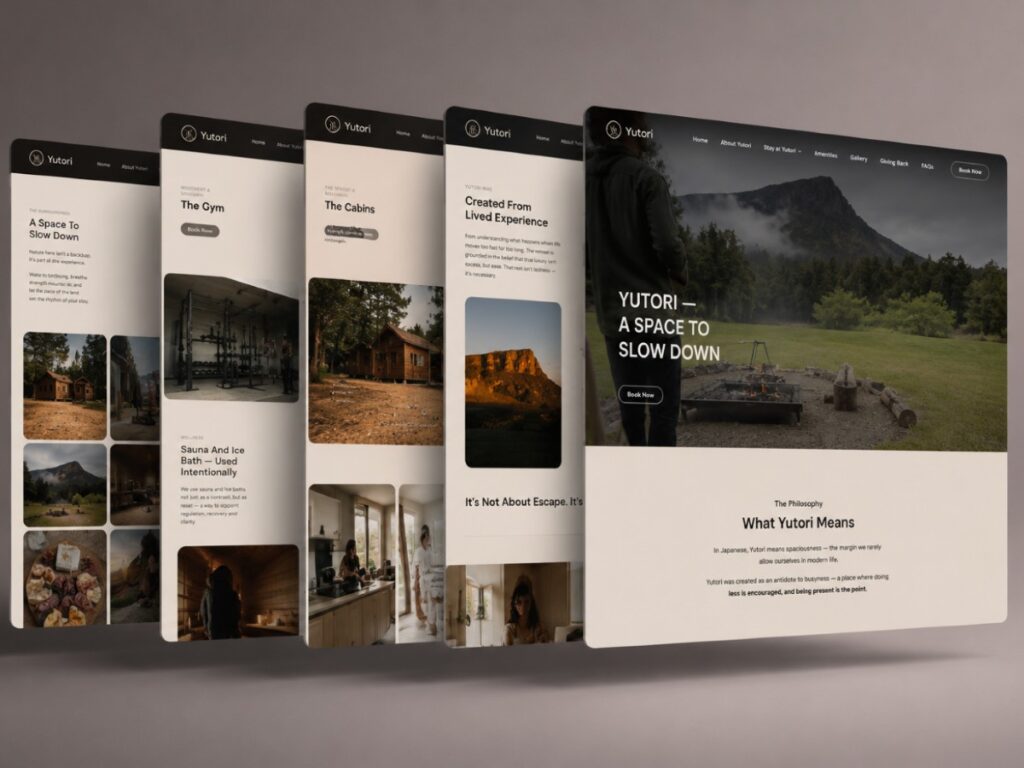 Core Concepts Yutori website pages headed A Space To Slow Down, shown as a row of angled screens