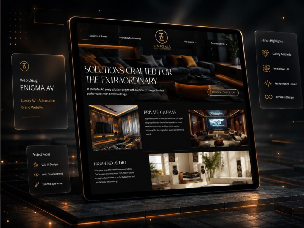 Core Concepts Enigma AV website design on a tablet, headed Solutions Crafted for the Extraordinary, showing a luxury home cinema