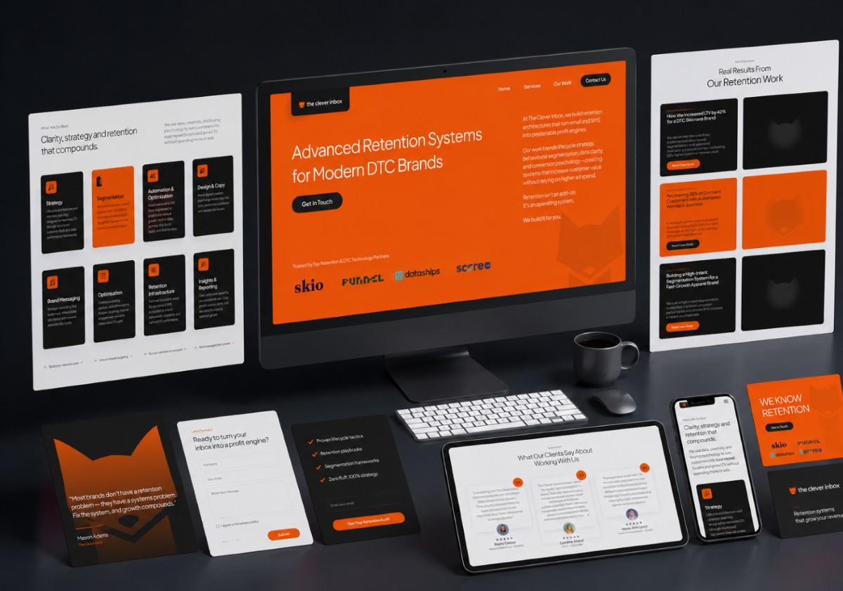 The Clever Inbox brand and website applied across desktop, tablet, mobile and print materials