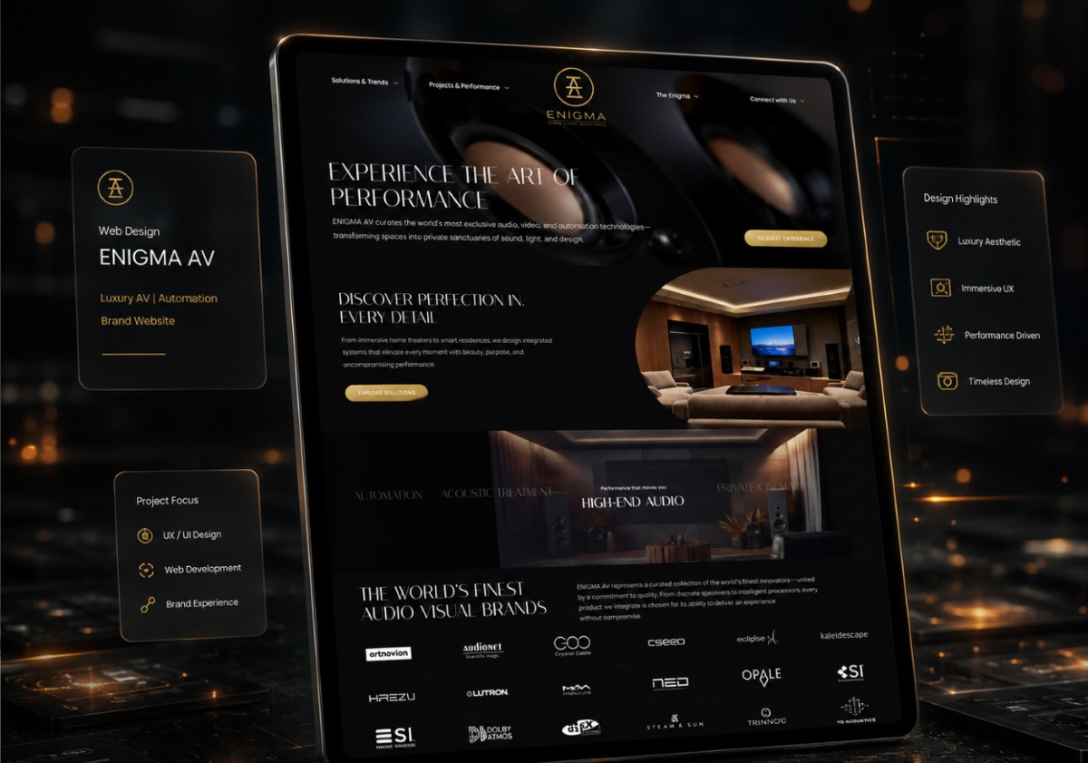 Enigma AV website on a tablet, headed Experience the Art of Performance, with client logos beneath