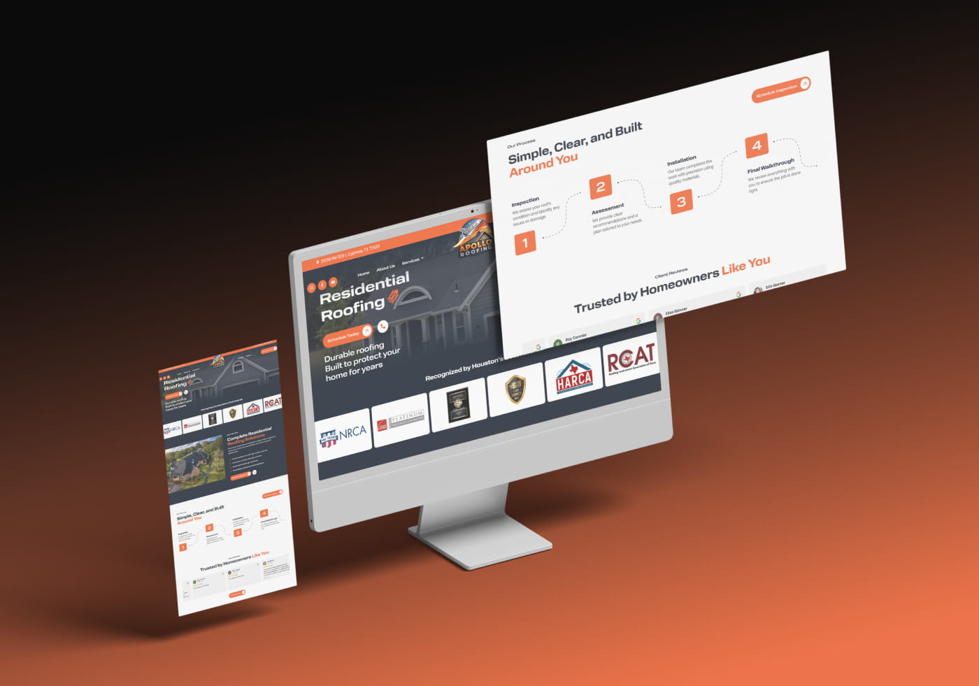 Roofing company website shown across desktop and mobile screens on an orange background