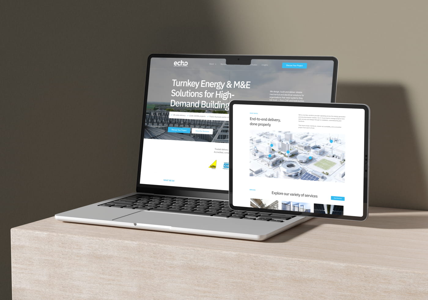 Core Concepts Echo engineering website shown on a laptop and tablet, headed Turnkey Energy and M&E Solutions for High-Demand Buildings