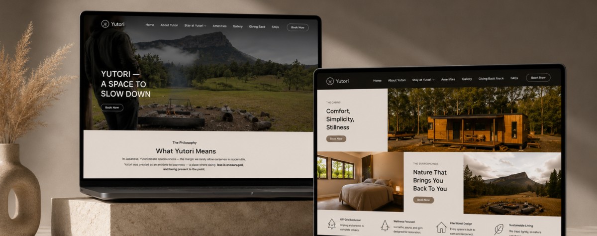Core Concepts Yutori hospitality website shown across desktop and mobile screens, headed A Space To Slow Down