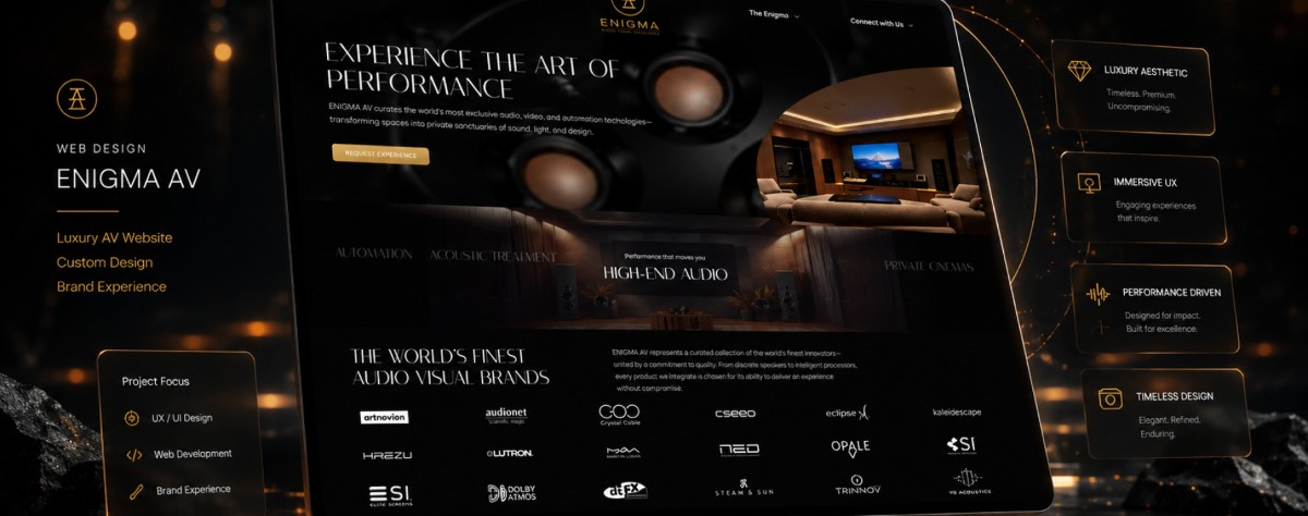 Enigma AV website sections headed Experience the Art of Performance, showing luxury audio visual installations