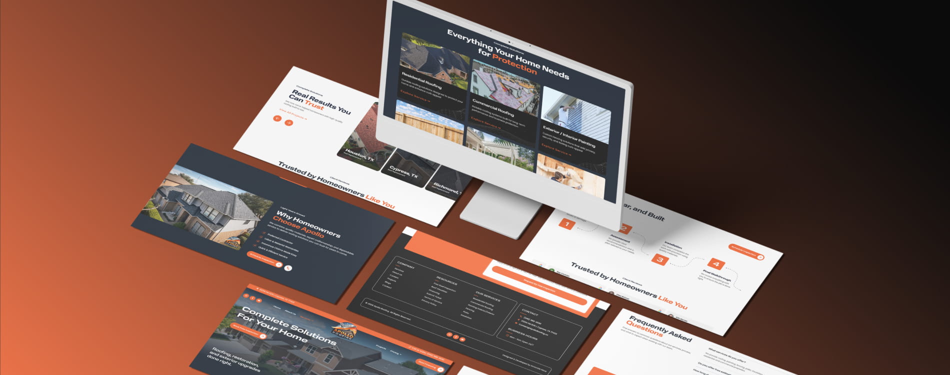 Roofing company website pages shown as a spread of angled screens on an orange background