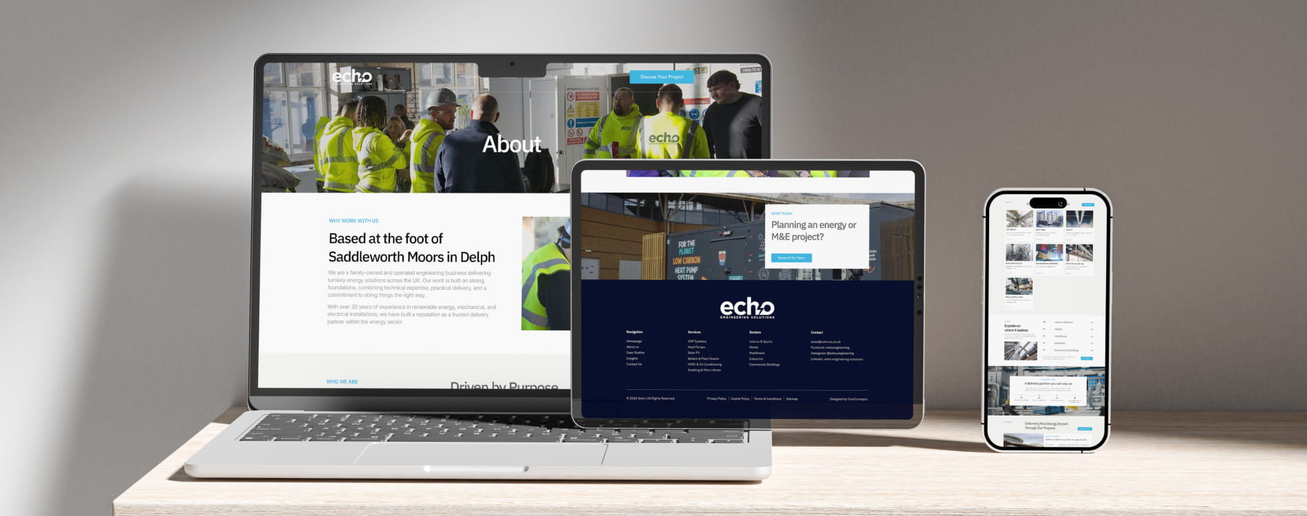 Core Concepts Echo engineering website shown across a laptop, tablet and phone on a desk