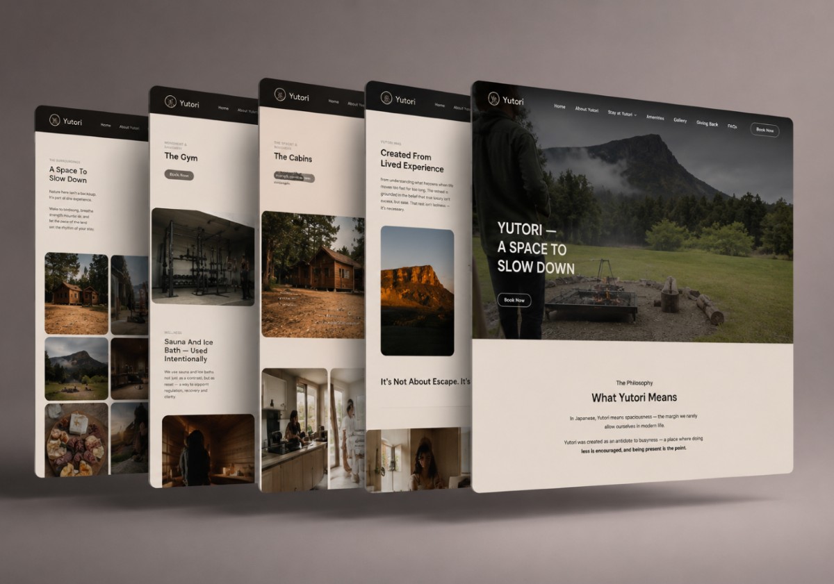 Core Concepts Yutori website pages shown as a row of angled screens, headed A Space To Slow Down