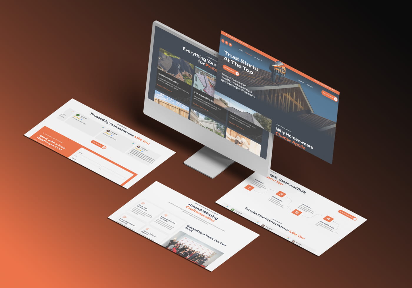 Roofing company website pages arranged as floating screens on an orange background