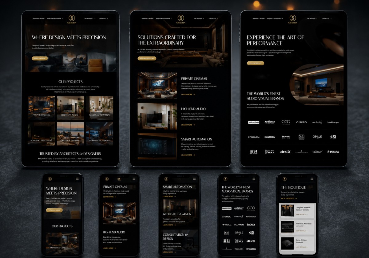 Enigma AV website and mobile screens arranged on a dark background, showing luxury home cinema projects