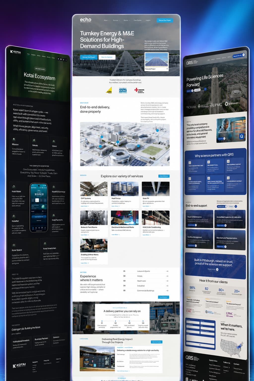 Kota Ecosystem website shown across tall desktop and mobile screens on a blue background