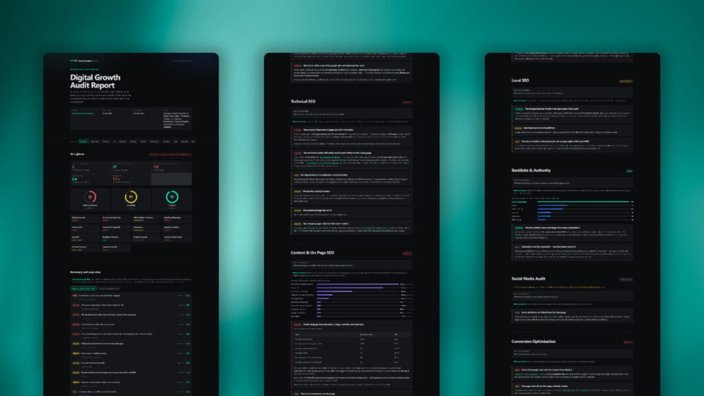 Digital Growth Audit Report core concepts design shown across three dark mobile screens on a teal background