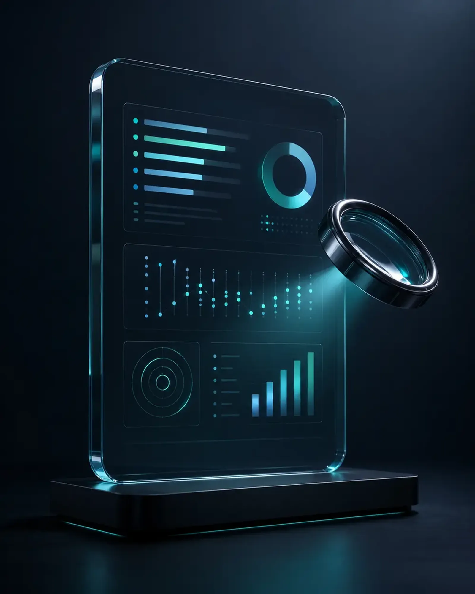 Glowing translucent panel displaying charts and a magnifying glass, representing a digital audit report