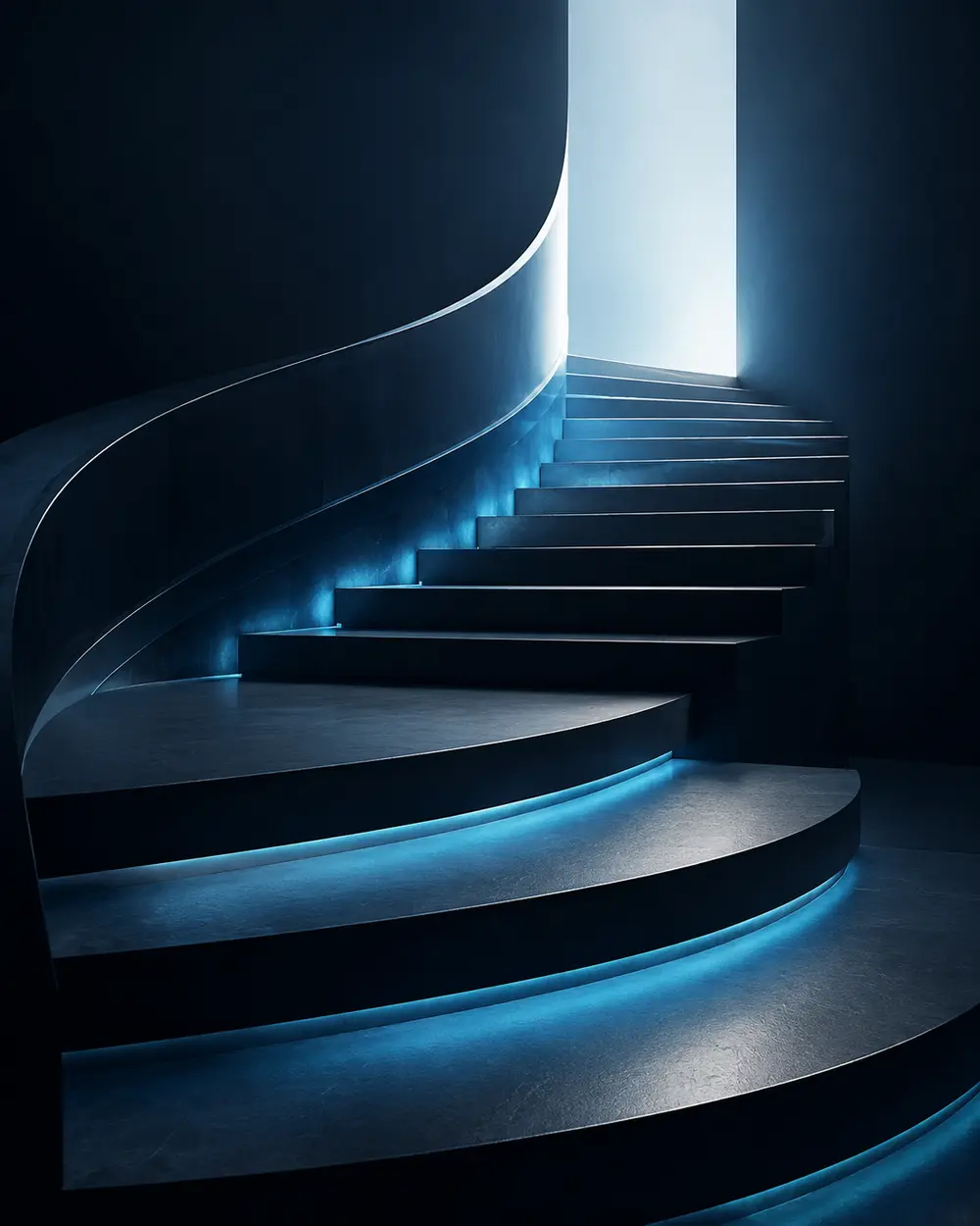 Spiral staircase lit in blue, curving upwards towards a bright opening